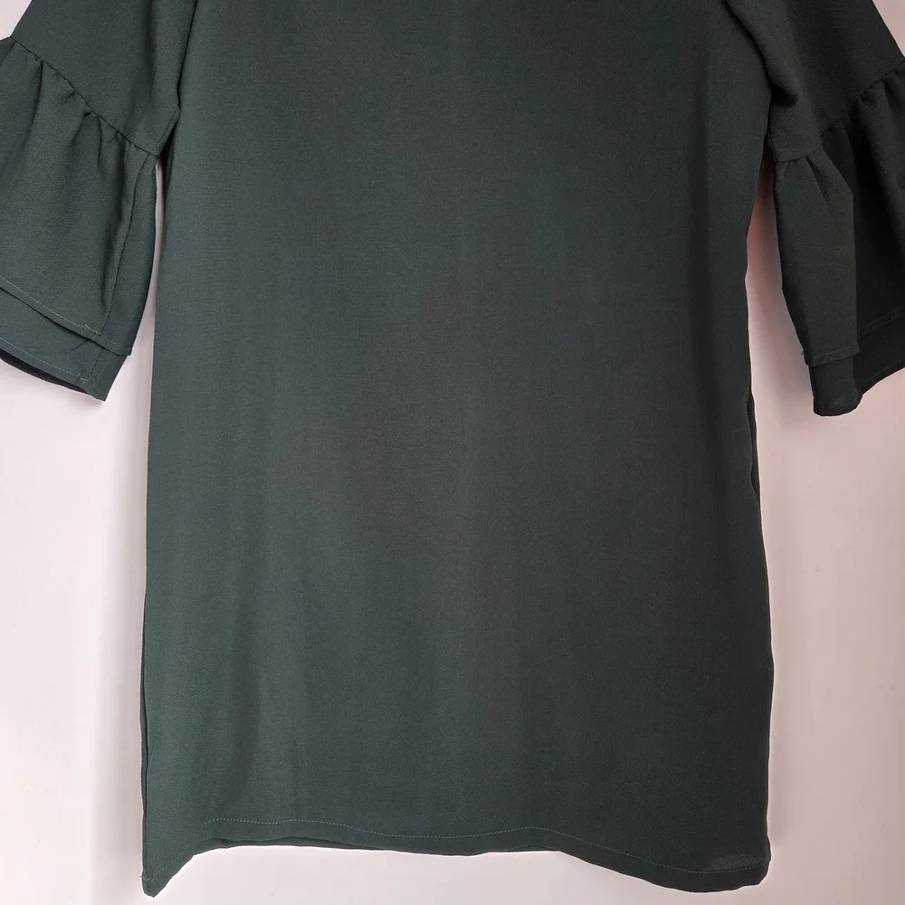 Belongsci Dark Green Loose Fit Shift Mini Dress 3/4 Tiered Bell Sleeve Size M - Picture 7 of 10